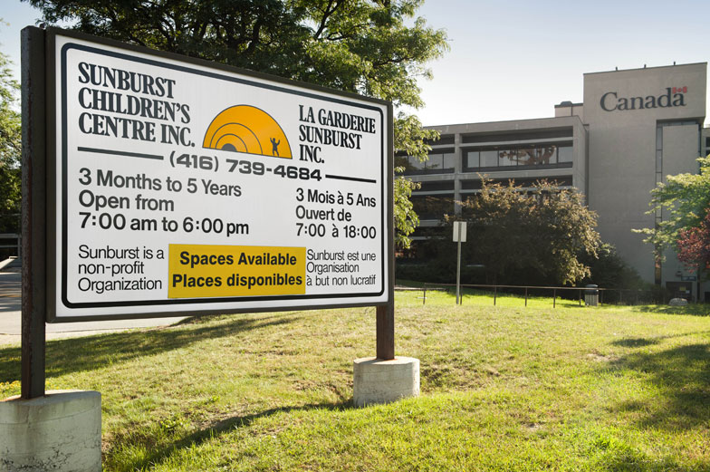 View of Sunburst Children's Centre sign from Dufferin Street